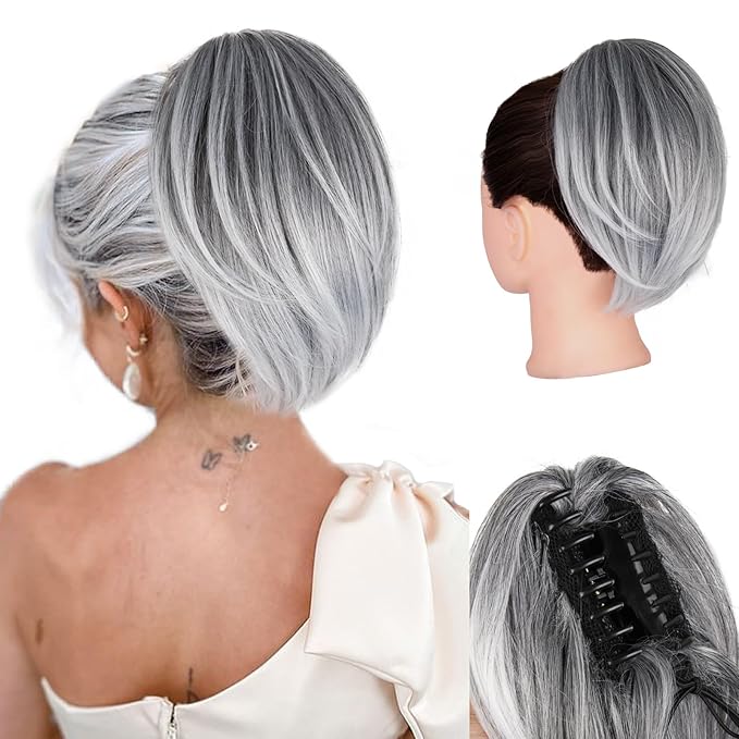 Clip on Ponytails for Women - 10 Inch Short Black Ponytail Extension, Straight Pony Tails Hair Extensions, Synthetic Hair Extensions Ponytail, Natural Hair Pieces for Women (Salt and Pepper)