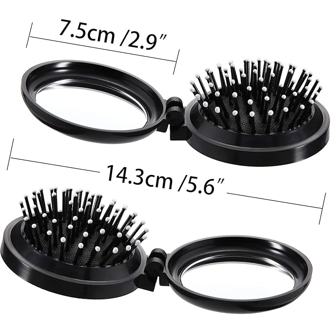 Boao 2 Pack Foldable Travel Mirror Hair Brushes Round Portable Folding Pocket Hair Brush Mini Comb Compact Travel Size Massage Comb for Men Women(Black)