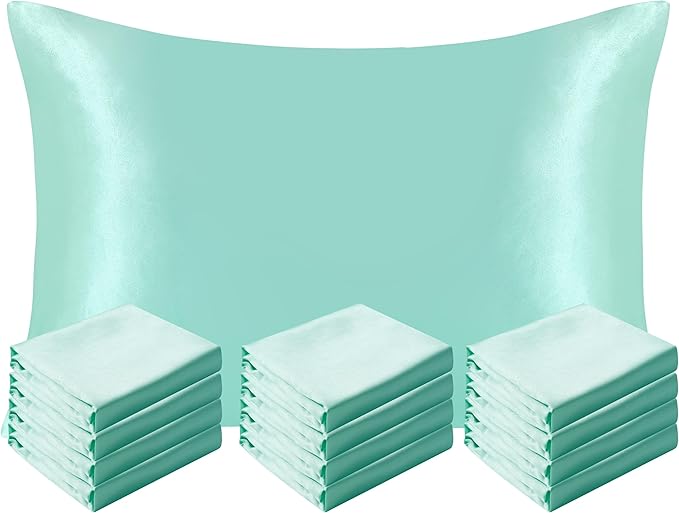 NTBAY 12 Pack Satin King Pillowcases for Hair and Skin, Luxurious and Silky Pillow Cases with Envelope Closure, 20 x 36 Inches, Light Blue
