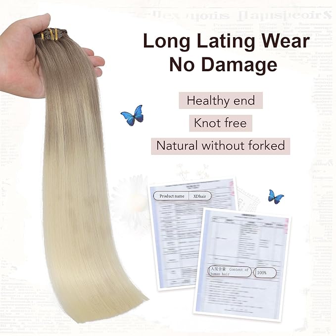 XDhair Clip in Hair Extensions Human Hair 100g 16 Inch Balayage Ash Brown to Platinum Blonde Clip in Hair Extensions 6pcs Straight Real Hair (16, #8T60)