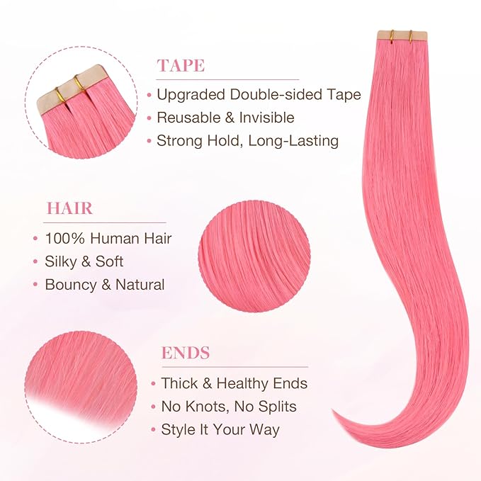 GOO GOO Tape in Hair Extensions Human Hair, Light Pink, 18inch 25g 10pcs, Colored Tape ins Human Hair Extensions, Silky&Soft Invisible Tape Ins, Hair Highlighted for Party