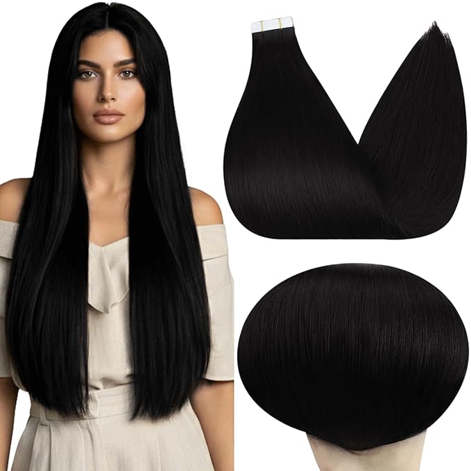 Full Shine 28Inch Human Hair Tape in Extensions 100 Gram 40PCS Color Jet Black Tape in Hair Extensions Remy Invisible Skin Weft Double Sided Natural Straight for Bridal