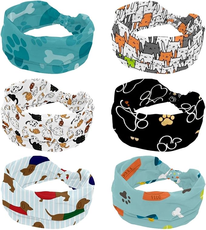 6 Pcs Stretchy Headbands for Women, Absorbed Sport Headband Soft Twist Knotted Headbands for Daily Life Yoga Workout, Dogs Collection Multi Animal