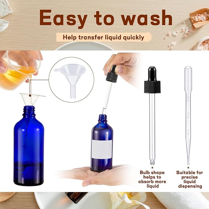 Tessco for you 20 Pack 3.4 oz Glass Dropper Bottles with Glass Eye Droppers for Essential Oils, Empty Oil Bottles with Funnel, Labels and Pipette for Hair Oils Perfume Cosmetic Travel(Blue)