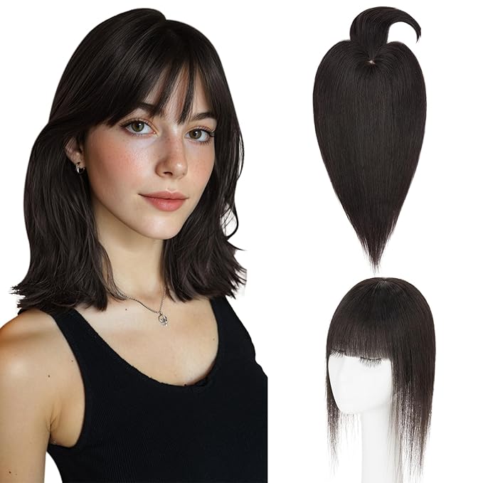 Hairro Mono Hair Toppers with Bangs, 3.4" x 3.4" Mono Base 100% Real Human Hairpieces for Women, 150% Density Clips In Topper for Greyish Thinning Hair, 18 Inch Natural Black