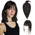 Hairro Mono Hair Toppers with Bangs, 3.4" x 3.4" Mono Base 100% Real Human Hairpieces for Women, 150% Density Clips In Topper for Greyish Thinning Hair, 18 Inch Natural Black