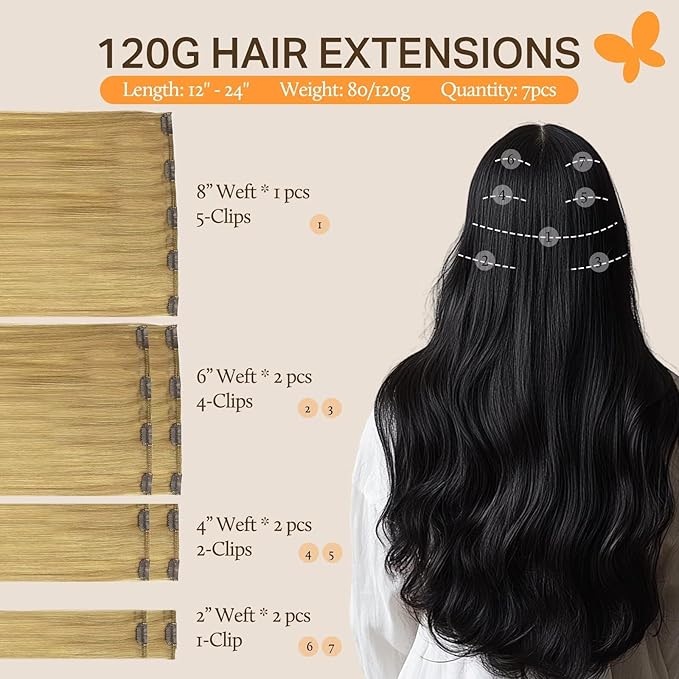 DOORES Clip in Human Hair Extensions, Dirty Blonde 12 Inch 7pcs 80g, Thick Silky Straight Hair