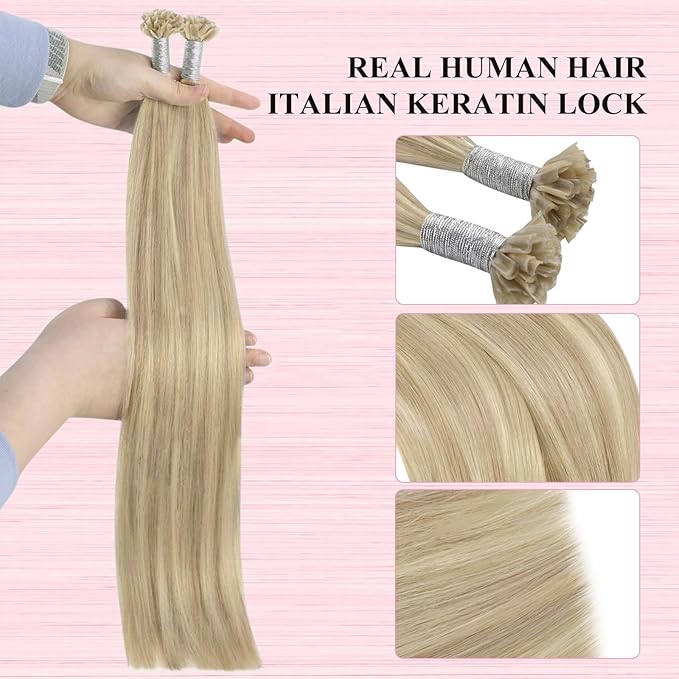 YoungSee U Tip Hair Extensions Highlight Ash Blonde with Bleach Blond U Tip Hair Extensions Human Hair Highlight Utip Hair Extension Blonde Hot Fusion Hair Highlight 16In 1G/S 50G for Wedding