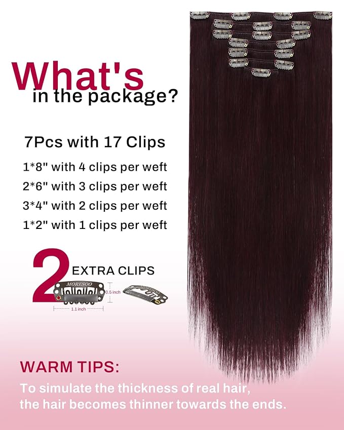 Moresoo Burgundy Clip in Hair Extensions Real Human Hair Double Weft Dark Red Hair Extensions Clip ins Human Hair Red Wine #99J 7Pieces 120G 18inch
