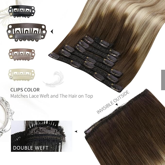 Moresoo Balayage Hair Extensions Clip in Real Human Hair Brown to Light Brown with Golden Blonde Ombre Clip in Extensions Human Hair Double Weft Clip on Hair Extensions 7Pieces 120Grams 18inch