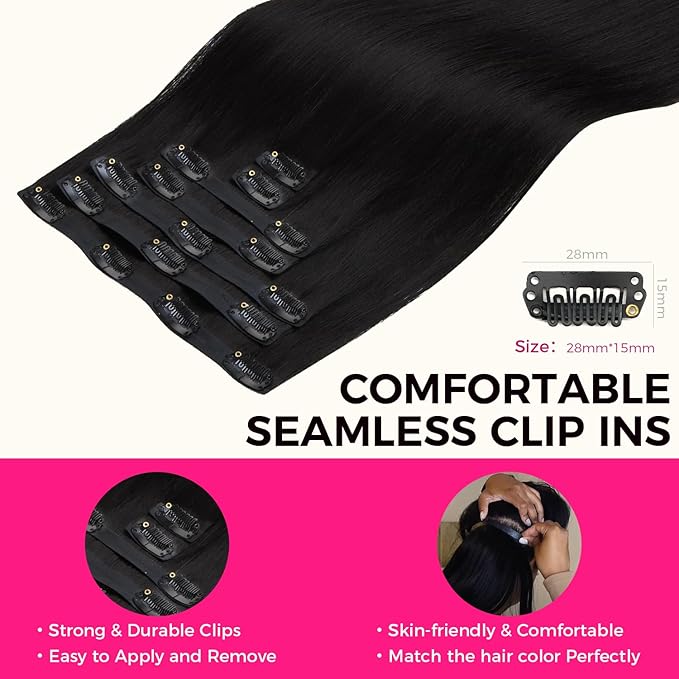 Lashey Seamless Clip in Hair Extensions Human Hair #1 Jet Black Light Yaki Straight Clip in Extensions Real Human Hair 7pcs 110g 14 Inch PU Weft Natural Hair Extensions for Women