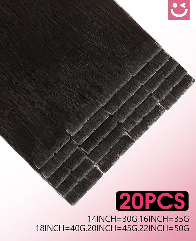 Youngsmile Injection Tape in Hair Extensions Human Hair, #2 Dark Brown Invisi Edge Tape ins, 20pcs 35g, 16 Inch Injected Tape in Extensions Straight Human Hair Remy Seamless Tape ins (#2,16'')