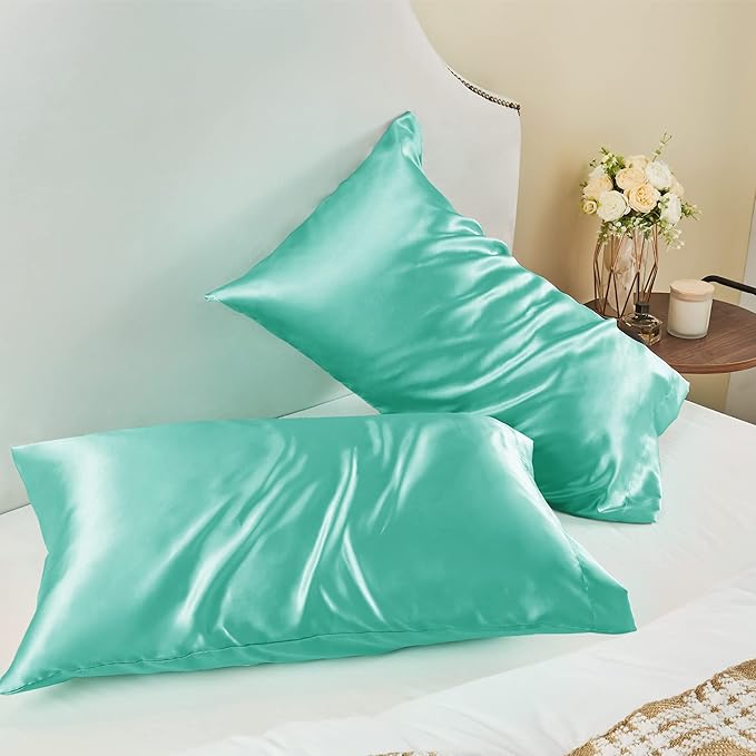 BEDELITE Satin Pillowcase for Hair and Skin, Super Soft and Cooling Similar to Silk Pillow Cases 2 Pack with Envelope Closure, Gift for Women Men(20"x26" Standard Size, Turquoise)