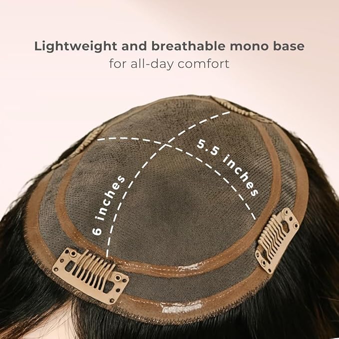 Katalaeya Hair 100% Human Hair Topper - Aurora Crown Double-Drawn Remy Clip-In Mono Base Top Piece for Women with Thinning Hair, Alopecia & Chemo Hair Loss (8R120)