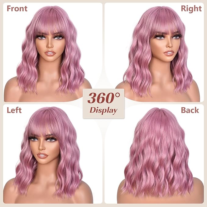 Pink Wig With Bangs Wave Bob Wigs for Women 14 Inch Short Loose Wavy Heat Resistant Synthetic Wig Shoulder Length Hair for Daily and Cospaly Party Use