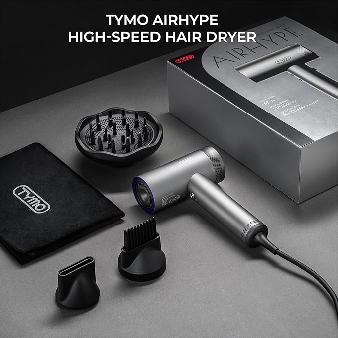 TYMO Hair Dryer with Diffuser for Women - 1500W Professional High Speed Blow Dryer with Comb, 110,000RPM Fast Dry, 200 Million Ionic Hairdryer, 4 Temps & 3 Speeds, 8 Ft Cord for Salon, Graphite