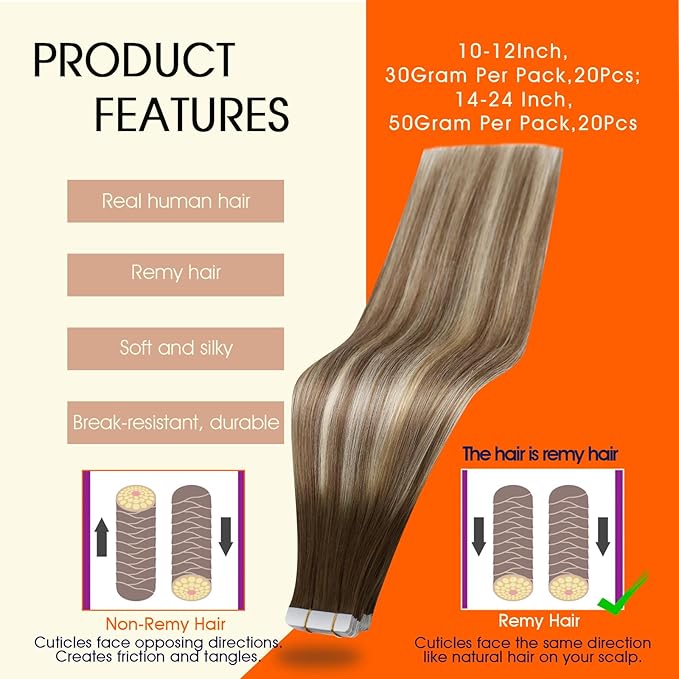 Full Shine Remy Hair Extensions Color 3 Dark Brown Fading to 8 Ash Brown And 22 Blonde Tape in Hair Extensions 24Inch Long Extension Brazilian Straight Skin Weft 100G 40Pcs for Women