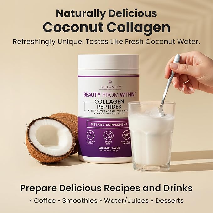 VITASEI Hydrolyzed Collagen Peptides Powder with Resveratrol & Vitamin C – Hair, Skin & Joint Support with Hyaluronic Acid – Colágeno Hidrolizado for Women & Men – Coconut Flavor, 16 oz (30 Servings)