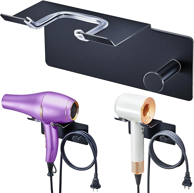 Hair Dryer Holder Wall Mounted, Blow Dryer Holder Adhesive, Metal Hairdryer Holder for Bathroom, Hair Tool Organizer with Plug&Cord for Cabinet Bathroom Bedroom Barber Shops