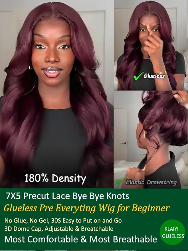KLAIYI Black Cherry Loose Body Wave Bye Bye Knots Glueless Wig 7x5Precut Lace Front Wigs Human Hair Drawstring Pre Plucked Bleached 30S Ready to Wear and Go Wig with Face Framing Bangs Burgundy 14Inch
