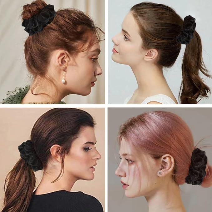 2PCS Black Extra Large Satin Scrunchies for Women Thick Hair - No Damage Hair Ties 6.3Inches Big Hair Scrunchy Oversized Thick Elastic Hair Bands Ponytail Holders Jumbo Scrunchies (Black*2)