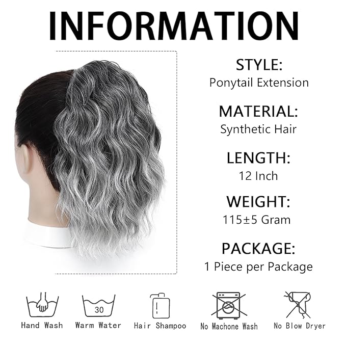 Ponytail Extension-12 Inch Drawstring Ponytail Hair Extensions for Women Synthetic Curly Wavy Fake Pony Tails Hair Pieces for Daily Party Use (Black/Grey)