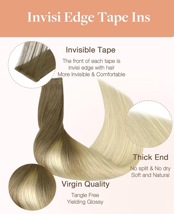 GOO GOO Invisi Edge Tape in Hair Extensions Human Hair, 9/60 Balayage Ash Brown to Platinum Blonde, 20pcs 16inch 50g, Virgin Remy Hair, Seamless Injected Tape, Natural Look