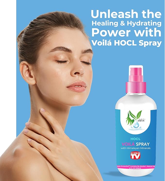 VoilaVe HOCL Spray | Hypochlorous Acid Spray for Skin | HOCL Face & Body Mist Toner for Acne, Scars, Redness, Irritations, Itchy Scalp & Piercing Aftercare | As Seen on TV – 8oz (Packaging May Vary)