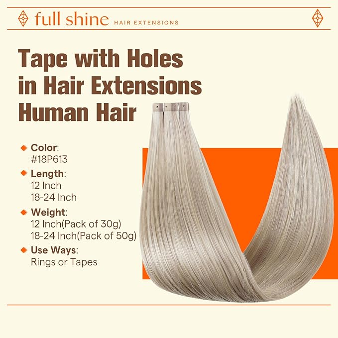 Full Shine Blonde Tape in Hair Extensions 18 Ash Blonde 613 Highlight Blonde 24Inch Invisible Tape in Extensions Glueless Seamless 20PCS 50G Skin Weft Tape Extensions Human Hair Remy Hair