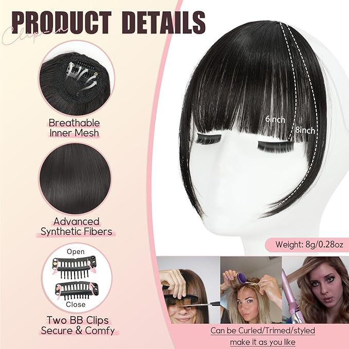 Clip in Bangs, Synthetic Wispy Bangs Hair Clip, Natural Black Fake Bangs Fringe with Temples Hairpieces for Women Natural Curved Hair Extensions for Daily Wear