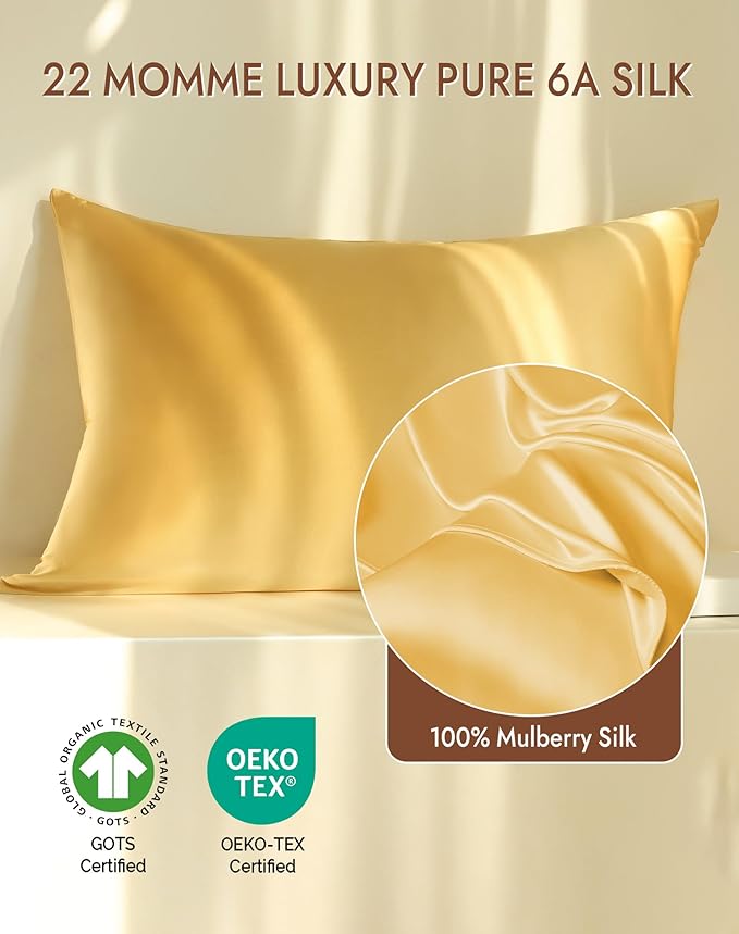 SilkSilky 100% Mulberry Silk Pillowcase - Pure 22 Momme High-Grade 6A Fibers for Hair & Skin, Envelope Closure, Natural, Organic, Breathable & Cooling Pillow Case (Standard, Champagne)