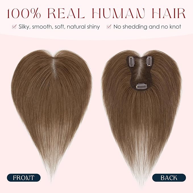 Human Hair Topper with Bangs for Women, 360° Cover Clip in Curtain Bangs Hair Toppers Hair Piece Medium Brown-3.15x4.33 Hand-tied Base (Medium Brown)