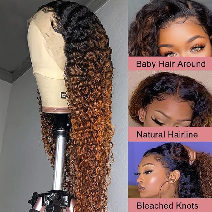 Ombre Brown Lace Front Wigs Human Hair Pre Plucked Curly Wave Brazilian Virgin Hair 13X4 HD Transparent Lace Frontal Wigs with Baby Hair 180% Density 22 Inch