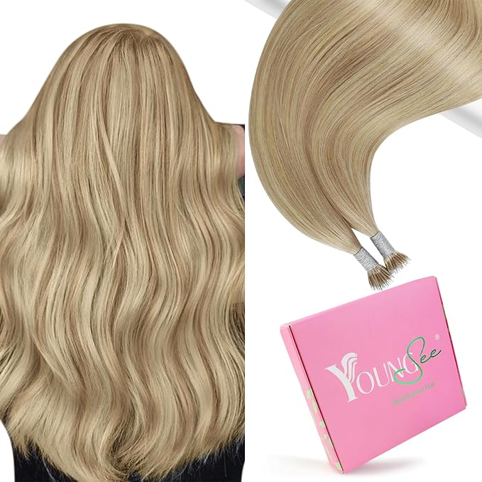 YoungSee Nano Hair Extensions Highlight Ash Brown with Golden Blonde Nano Bead Hair Extensions Human Hair for Women Cold Fusion Nano Tips Human Hair Extension Blonde Short Hair 14inch 50grams/pack