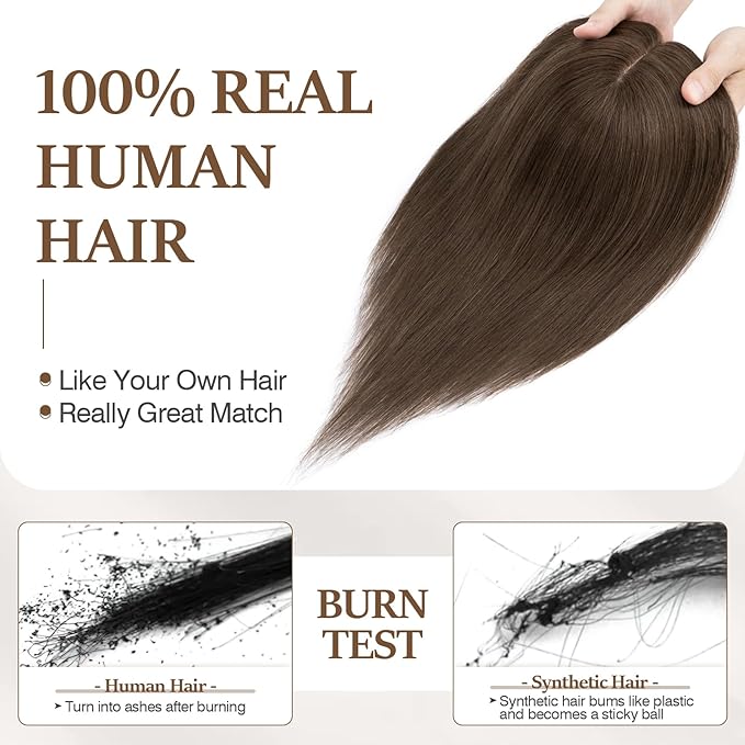Rich Choices Hair Toppers for Women Real Human Hair 100% Human Remy Toppers NO Bangs for Women with Thinning on Top Clip in Hairpiece 4"x4.7"Lace Base 16 Inch #2R Chocolate Brown