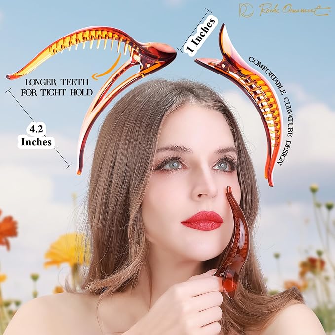 RC ROCHE 6 Pcs Duck Bill Alligator Hair Clips for Women Sectioning Flat Claw Long Thick Hair Inner Teeth Curved Styling Jaw Strong Secure Grip Salon, Large Brown