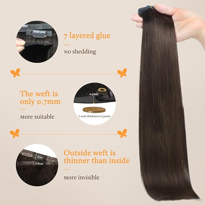 DOORES Seamless Clip-in Hair Extensions, Real Human Hair, Light Dark Brown, 18 Inch, 110g, 7pcs, Invisi Edge, Straight Natural Hair