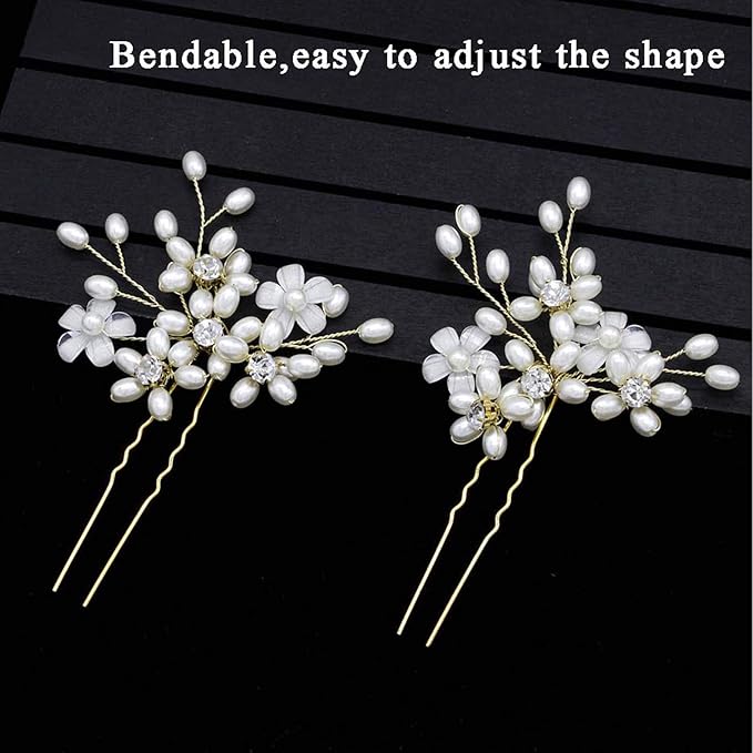 Elegant Pearl Wedding Hair Pins, Bendable Floral Crystal Hair Accessories for Bridal Women, Pack of 3 (Gold)