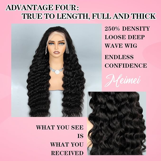 250% Density HD Lace Front Wigs Human Hair Loose Wave 100% Real Human Hair 15A Full 13x4 Large Lace Space Loose Deep Wave Wig Pre Plucked, No Synthetic Blend No Tangle No Shedding Triple Lifespan 3X