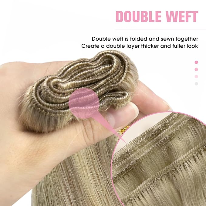 YoungSee Sew in Hair Extensions Real Human Hair Highlight Hair Weft Extensions Dark Ash Blonde Highlighted Light Blonde Soft Human Hair Extensions Sew in for Women 20In 100G