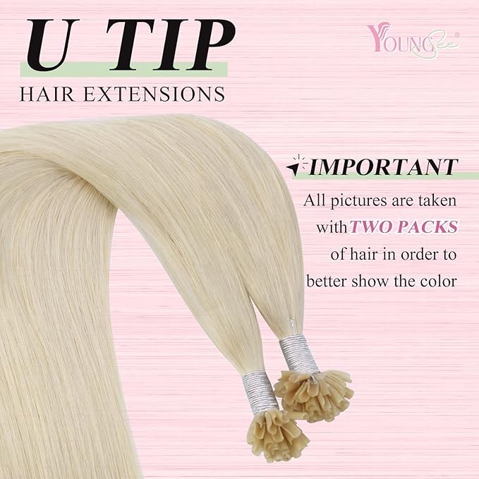 YoungSee U Tip Hair Extensions Human Hair Blonde Utips Hair Extensions Platinum Blonde Keratin Hair Extension for Short Hair K Tip Hair Extension Real Human Hair Straight for Thin Hair 14In 1G/S 50G