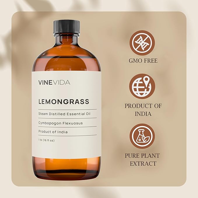 VINEVIDA Lemongrass Essential Oil - 16 oz - Undiluted - DIY Candle Scents - Safe for Skin