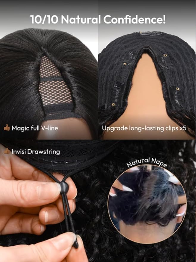 KLAIYI EasiContour V Part Wig Human Hair Body Wave Glueless Upgrade U Part Wig No Leave Out No Gel Clip in Half Wig V Shape Pull and Go Beginner Friendly Ready to Wear Natural Black Color 150% 16Inch