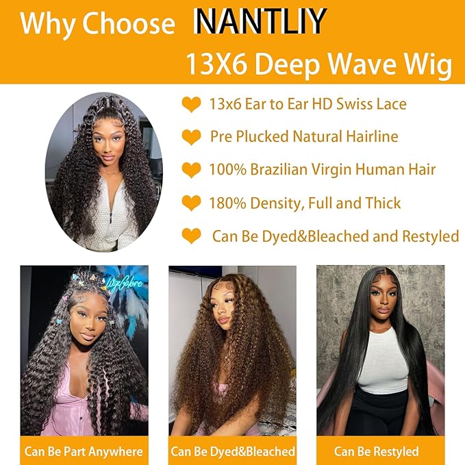 Deep Wave Lace Front Wigs Human Hair 200% Density 13x6 HD Transparent Frontal Wigs Human Hair for Women Deep Curly Glueless Wigs Human Hair Pre Plucked with Baby Hair Natural Black (36Inch)