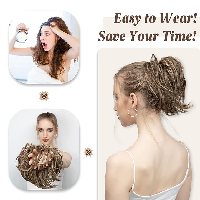 SARLA Messy Hair Bun Hair Pieces Curly Synthetic Updo Fake Scrunchies Ponytail Extension for Women Brunette and Ash Blonde Tips 1PCS