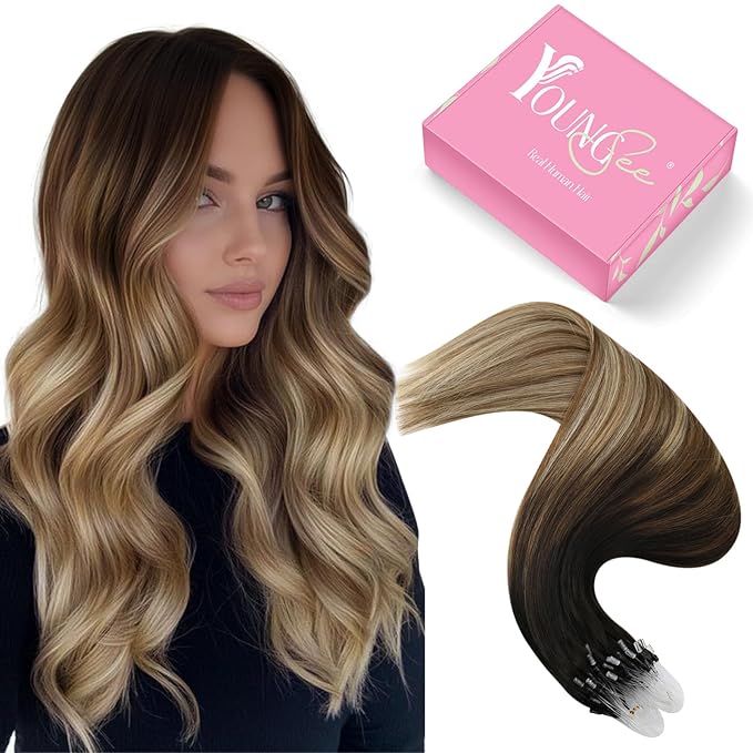 YoungSee Micro Link Hair Extensions Human Hair Balayage Micro Hair Extensions Human Hair Ombre Dark Brown to Blonde Mix Browns Bead Hair Extension Real Hair Microbead Extension 14 Inch 50g 50s