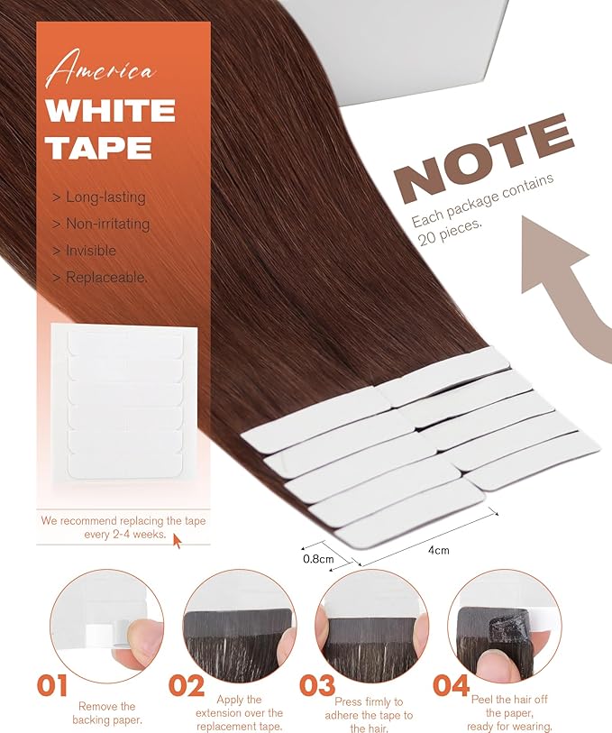 Sunny Hair Tape in Hair Extensions Real Human Hair Invisible Remy Hair Extensions Tape ins for Women Auburn Brown 12 inch 20Pcs