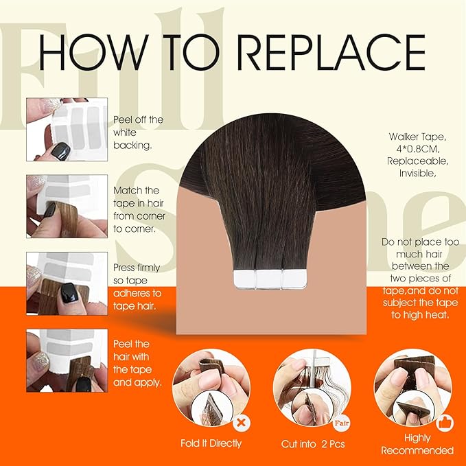 Full Shine Tape in Human Hair Extensions 14Inch Seamless Skin Weft Adhesive Tape Hair Extensions Real Human Hair Color 2 Dark Brown Glue in Remy Human Hair Extension 20Pcs 50g Thick End for Women
