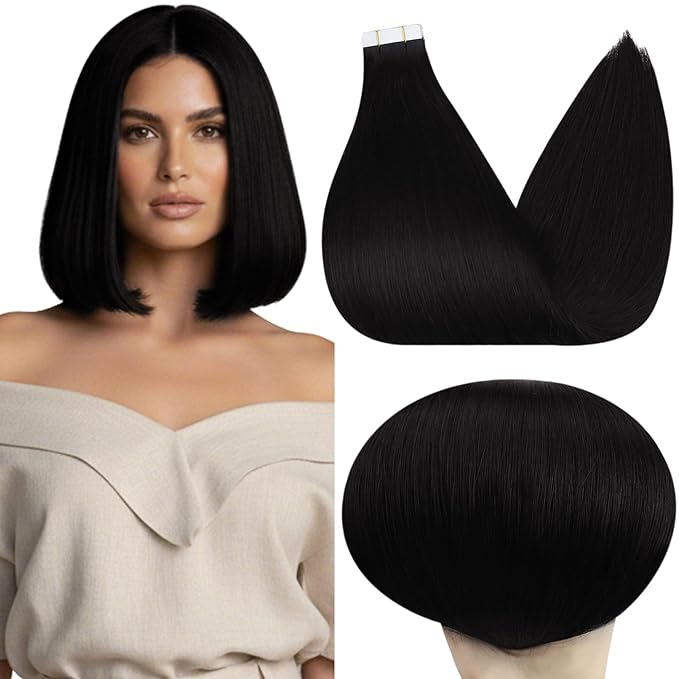 Full Shine Black Tape in Hair Extensions Human Hair 12 Inch Color 1 Jet Black Invisible Hair Extensions Tape in Double Sided Tape 20 Pcs Soft Remy Real Human Hair Skin Weft 30G for Women