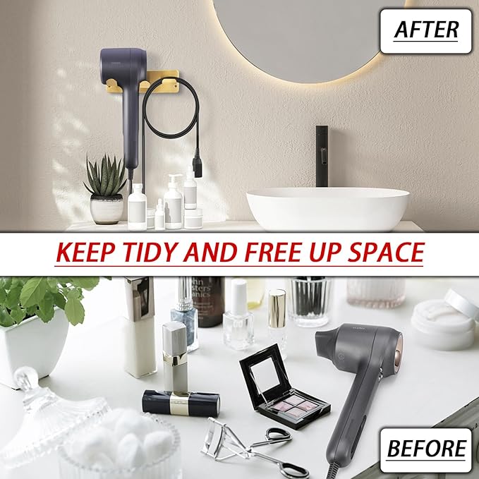 Hair Dryer Holder Wall Mount, Universal Hair Dryer Hanger for Bathroom/Bedroom/Barbershop, 304 Stainless Steel Organizer with 3M Adhesive, No Drilling Space Saver (Gold)